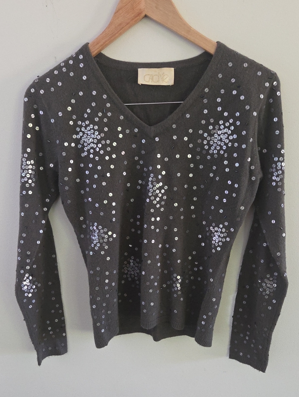 Cache Vintage Gray Sequenced V-neck Sweater